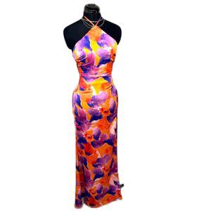 True Violet Watercolor Floral Print Halter Maxi Dress